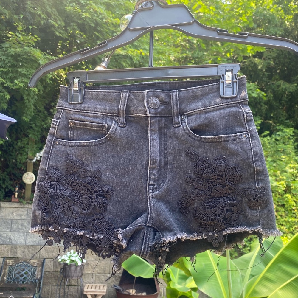 American Eagle Super Super Stretch Black Embroidered Jean Shorts
